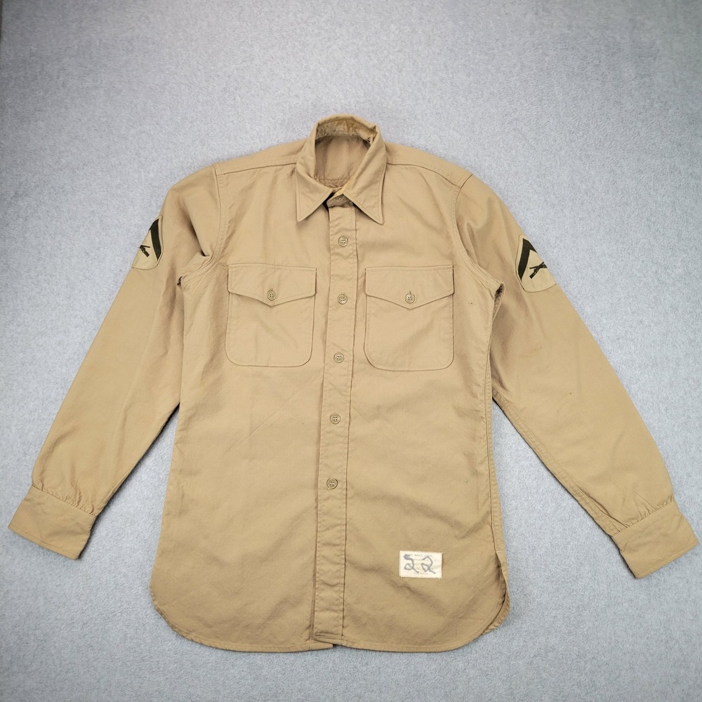 Military Issue Wool Shirt Men 14.5x34 Khaki Tan Vintage Tropical Patches